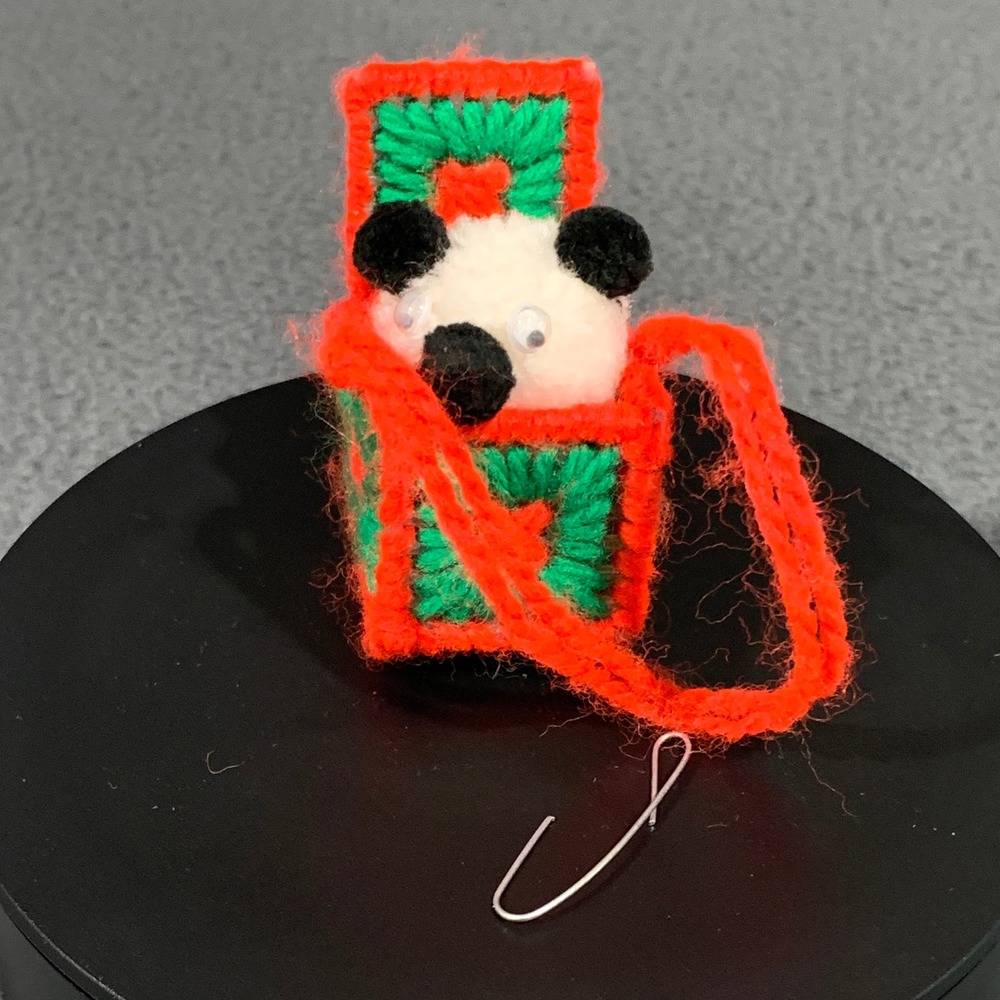 Handmade Panda Ornament Small Red Green Yarn Plastic Canvas Vintage Decor